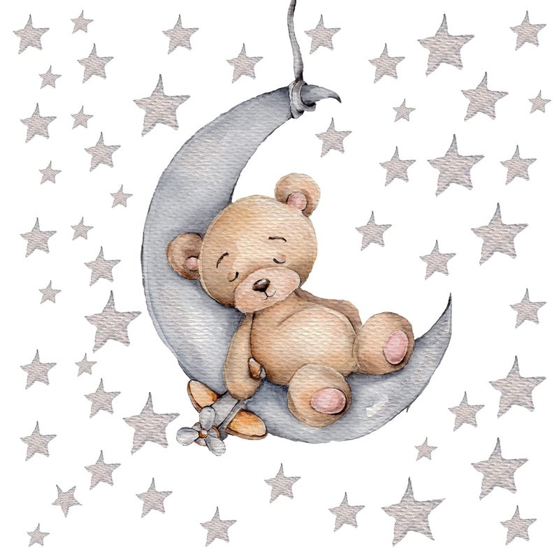 DEKOSH Teddy Bear Sleeping on The Moon Nursery Wall Decal with 90 Stars - Cute & Adorable Baby Nursery Decor - Image 1